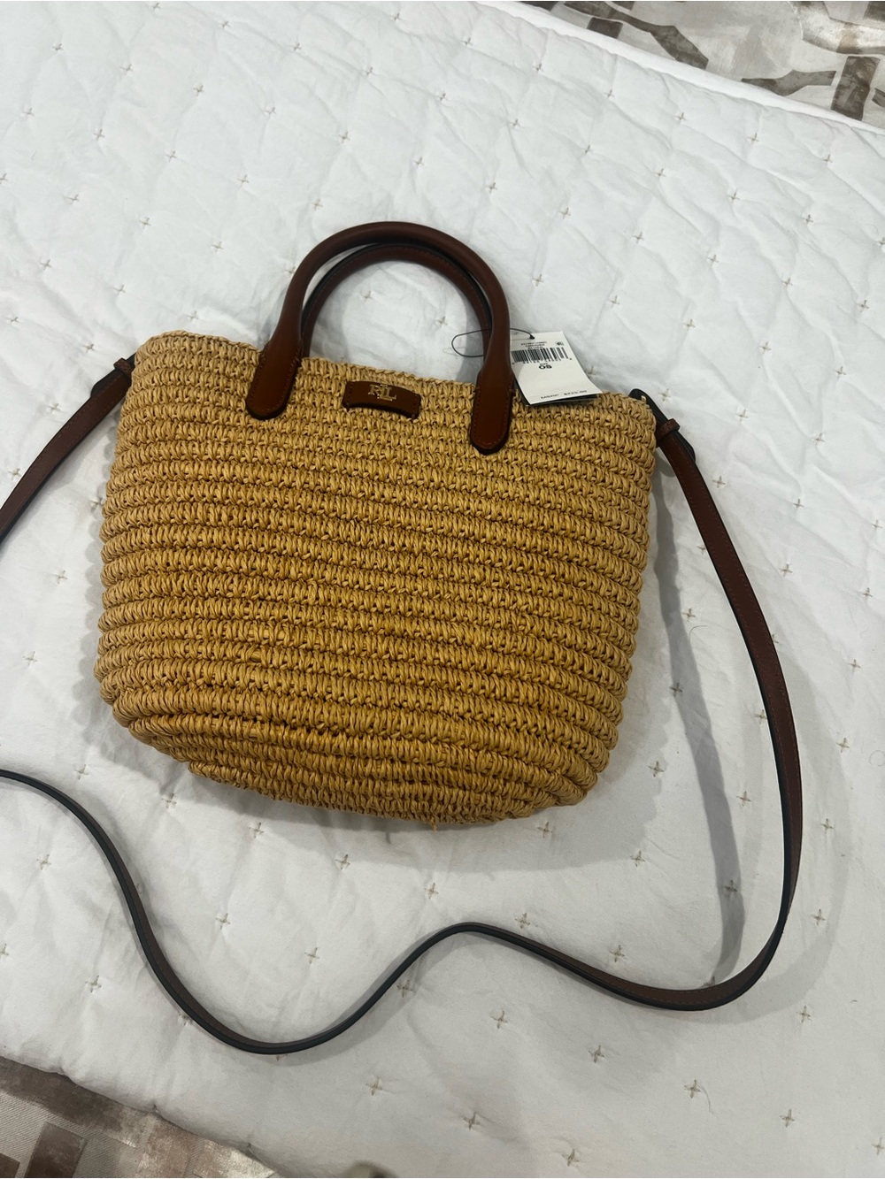 Ralph Lauren Straw Tote with Brown Leather Handles and Crossbody Strap